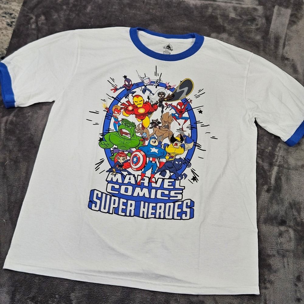 NWOT Disney Marvel Comics Super‎ Heroes Graphic Tee White Blue Ringer Youth XL